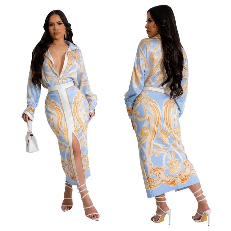 2 XL / Light Blue Latest New Chic 2024 Long Sleeve Collar Blouse And Long Skirt Positioning Printed Fashion Street Two Piece Dress Set