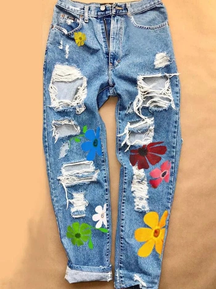 2 XL / Light Blue Liu Ming Fashion Trends Women Casual Flower Ladies Pencil Denim Hole Ripped Pattern Jeans