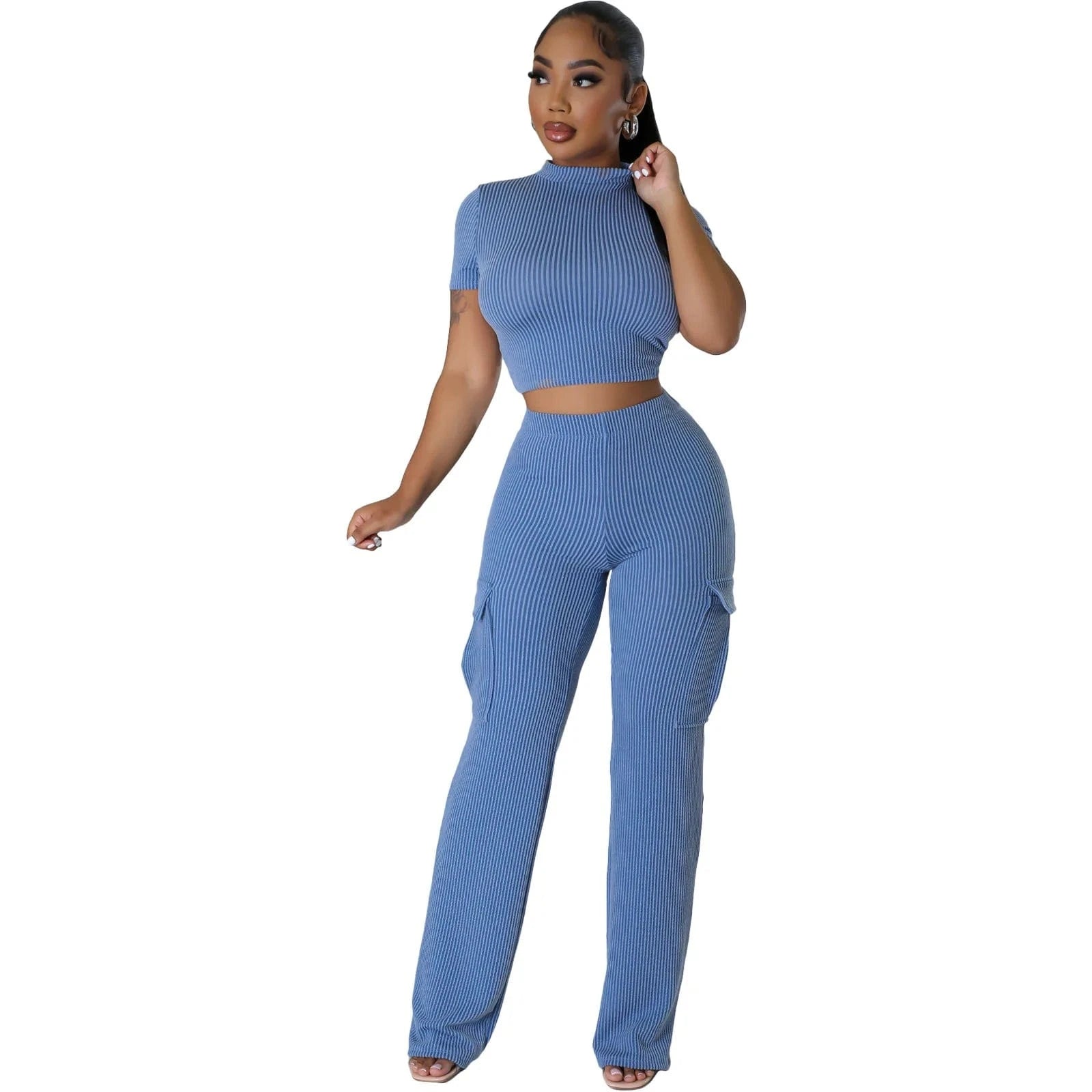 2 XL / Light Blue Liu Ming Wholesale 2024 Summer Women Casual Solid Color Two Piece Short Sleeve Tops High Waist Wide Leg Pants Suit