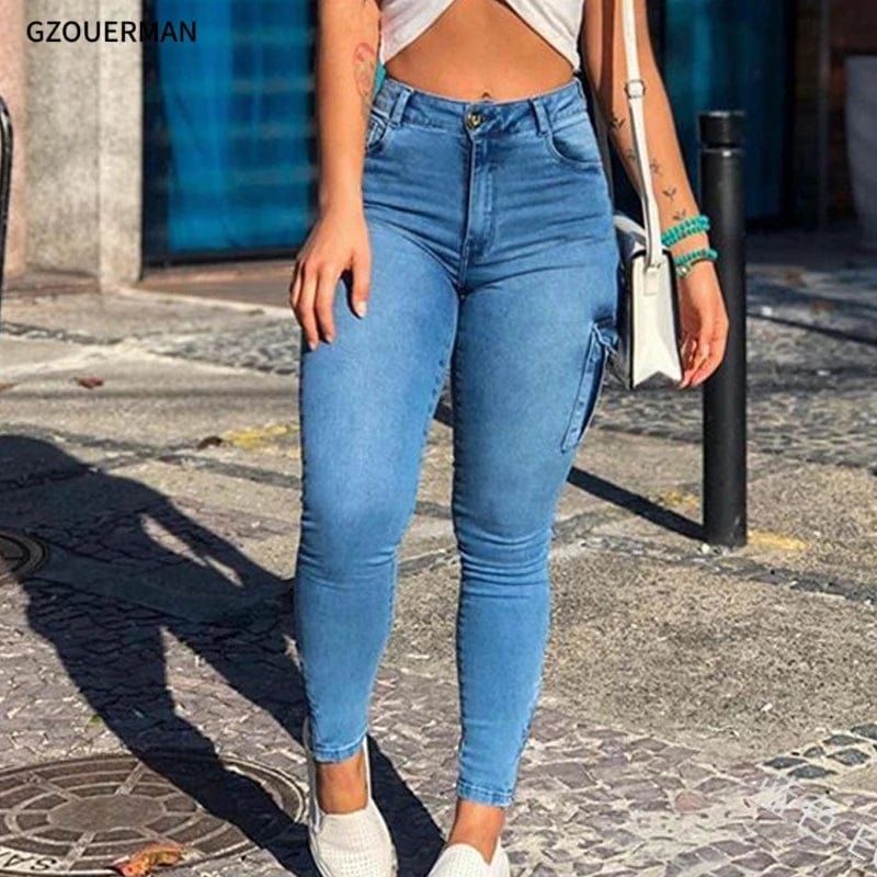 2 XL / Light Blue New Style Denim Jeans for Women Zipper Leg Pockets Elastic Overalls Whitened Trousers Pants Slim Pencil Jeans