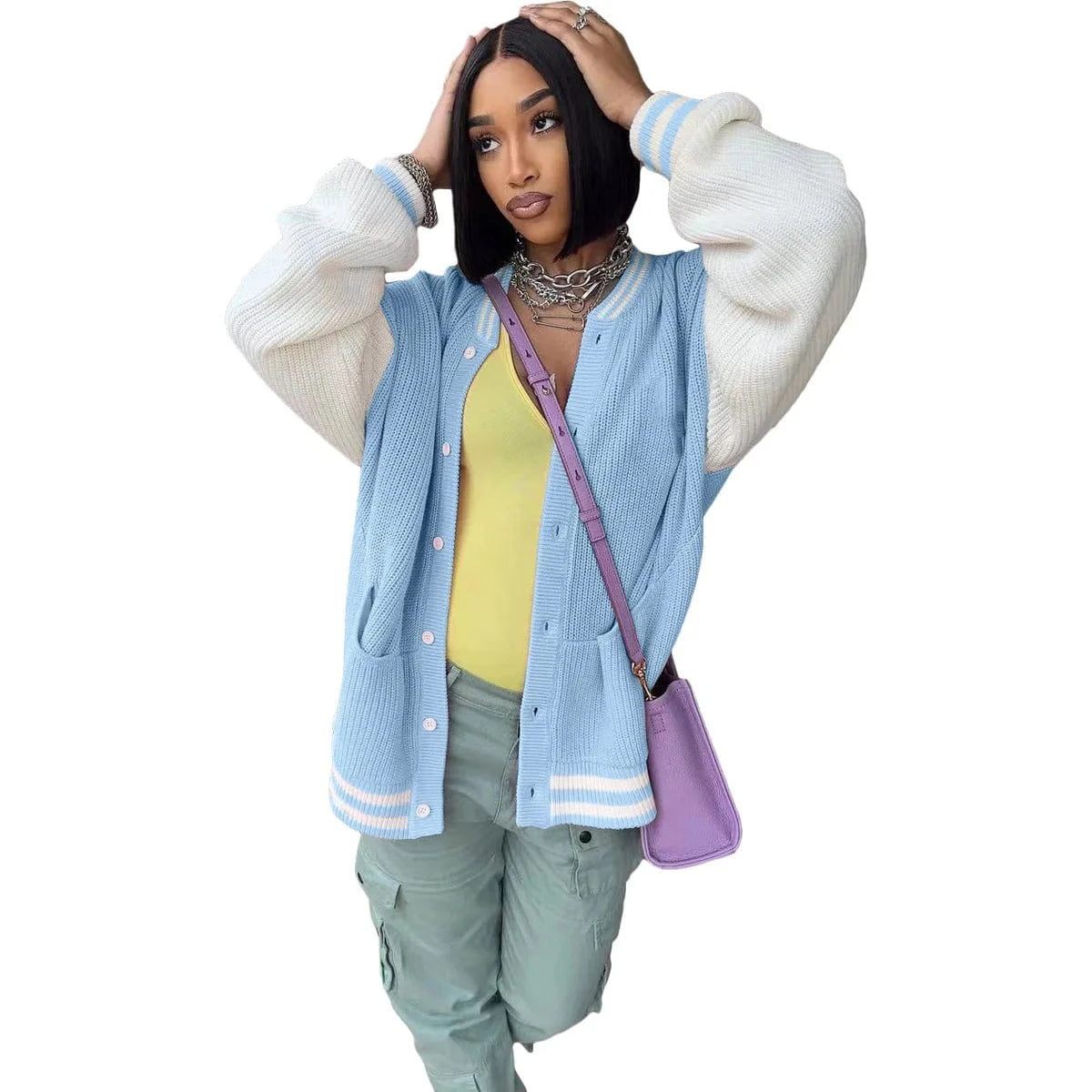 2 XL / Light Blue TS1276 New arrivals fall 2024 clothes fashion pockets women's jackets casual sweater winter jacket knitted baseball jackets