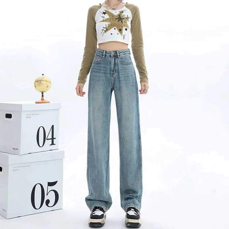 2 XL / Light Blue Women's clothing spring straight jeans high waist loose versatile pear shaped narrow version with wide legs and long pants