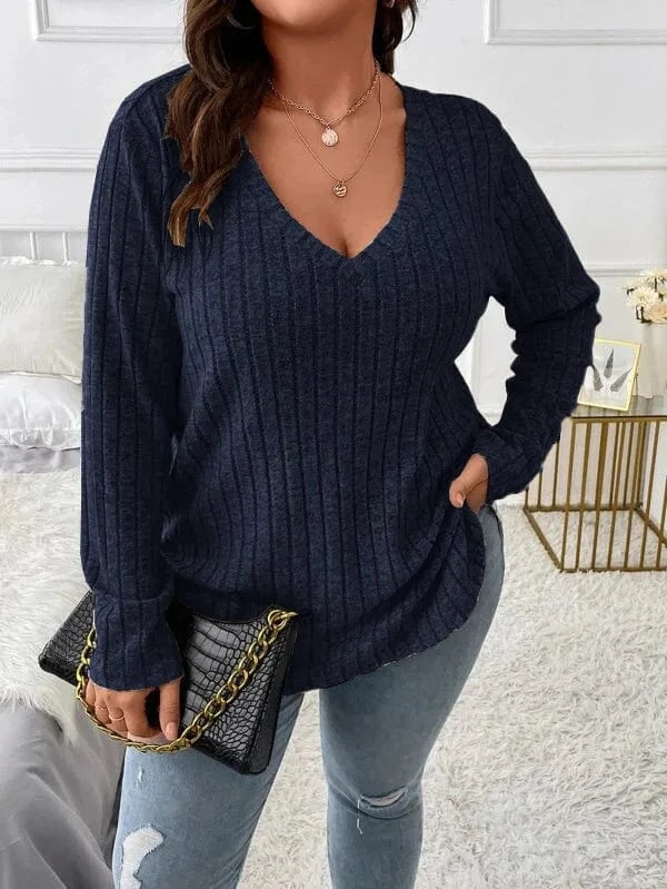 2 XL / NAVY 2024  Solid Color Large Size Women's top V-neck Long Sleeve Women  Autumn Winter Pit Strip Woolen  Loose Casual Sweater