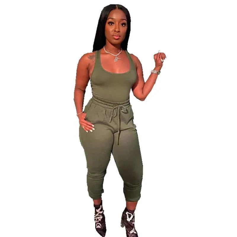 2 XL / Olive Green Womens 2 Piece Terry Jogger Set Tank Top Two Piece Sweat Pants Summer Cotton Jogger Sets Women Plain