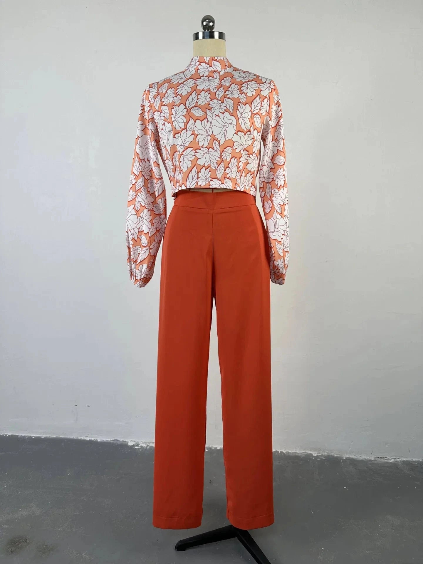 2 XL / Orange HK5268 Women's Loose Large Size Fashion Lapel Long-sleeved Shirt Wide Printed Leg Pants Suit