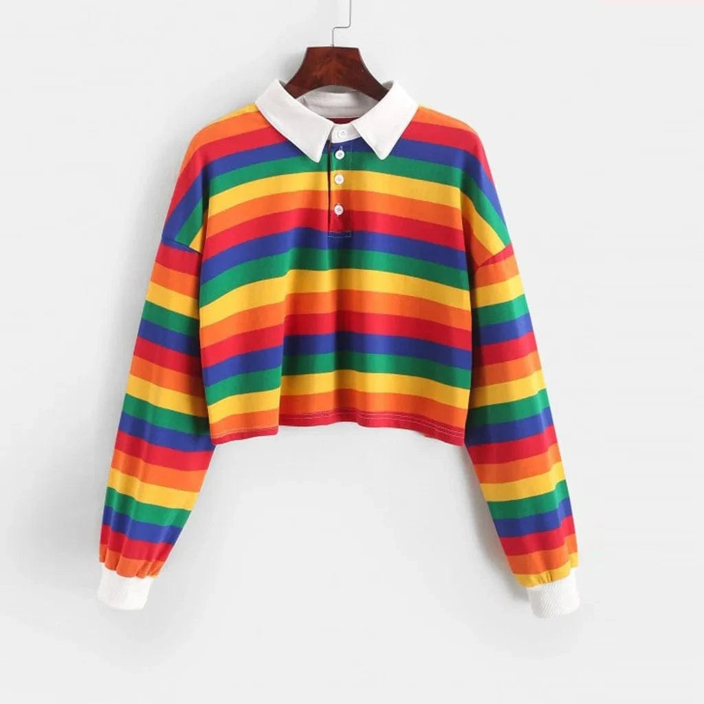2 XL / Orange Hoodies Women rainbow Patchwork women's sweatshirt 2024 summer Button turndown Harajuku Streetwear Fashion Crop Top Hoodie