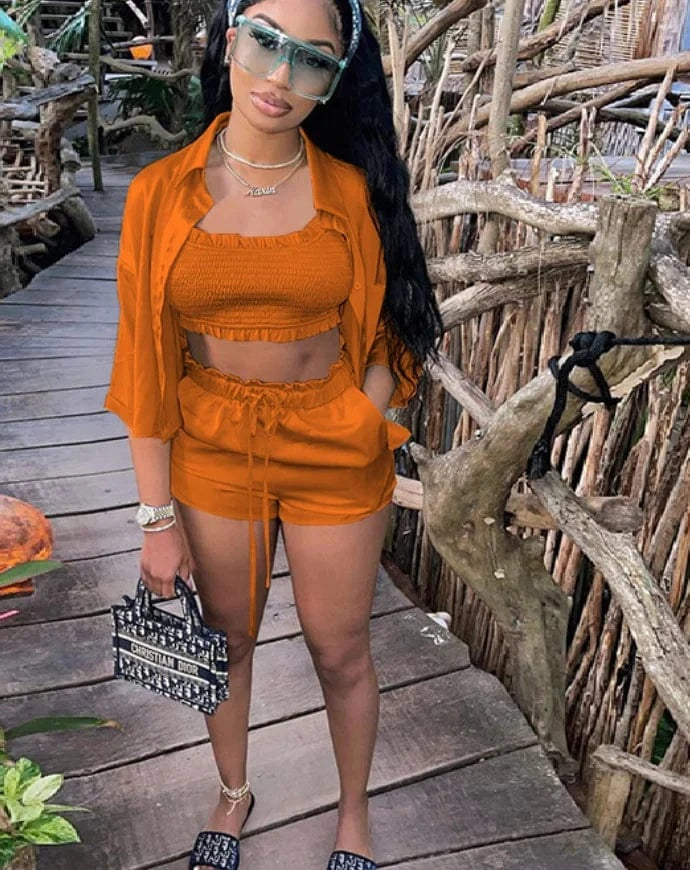 2 XL / Orange Liu Ming New Trending Women 3 Piece Tracksuit Set Long Sleeve Crop Tops Pants Short Set