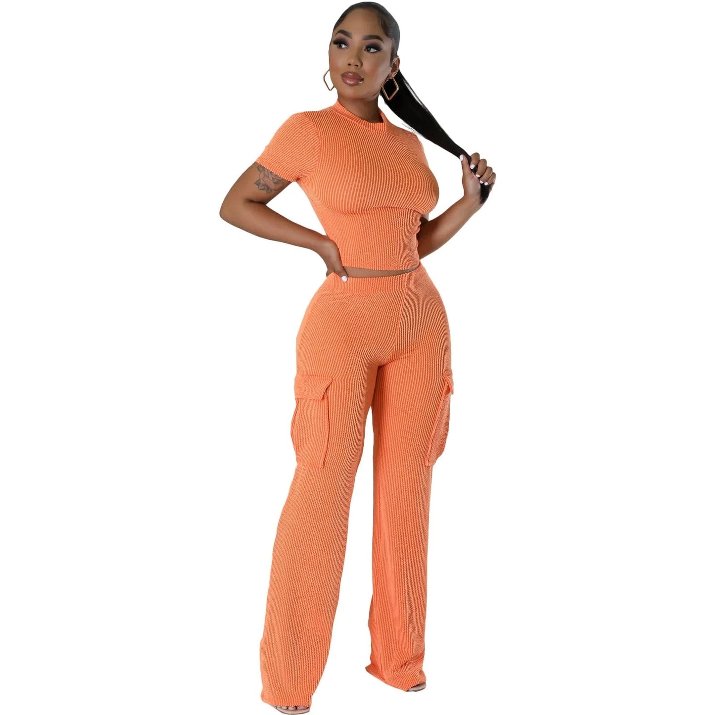 2 XL / Orange Liu Ming Wholesale 2024 Summer Women Casual Solid Color Two Piece Short Sleeve Tops High Waist Wide Leg Pants Suit