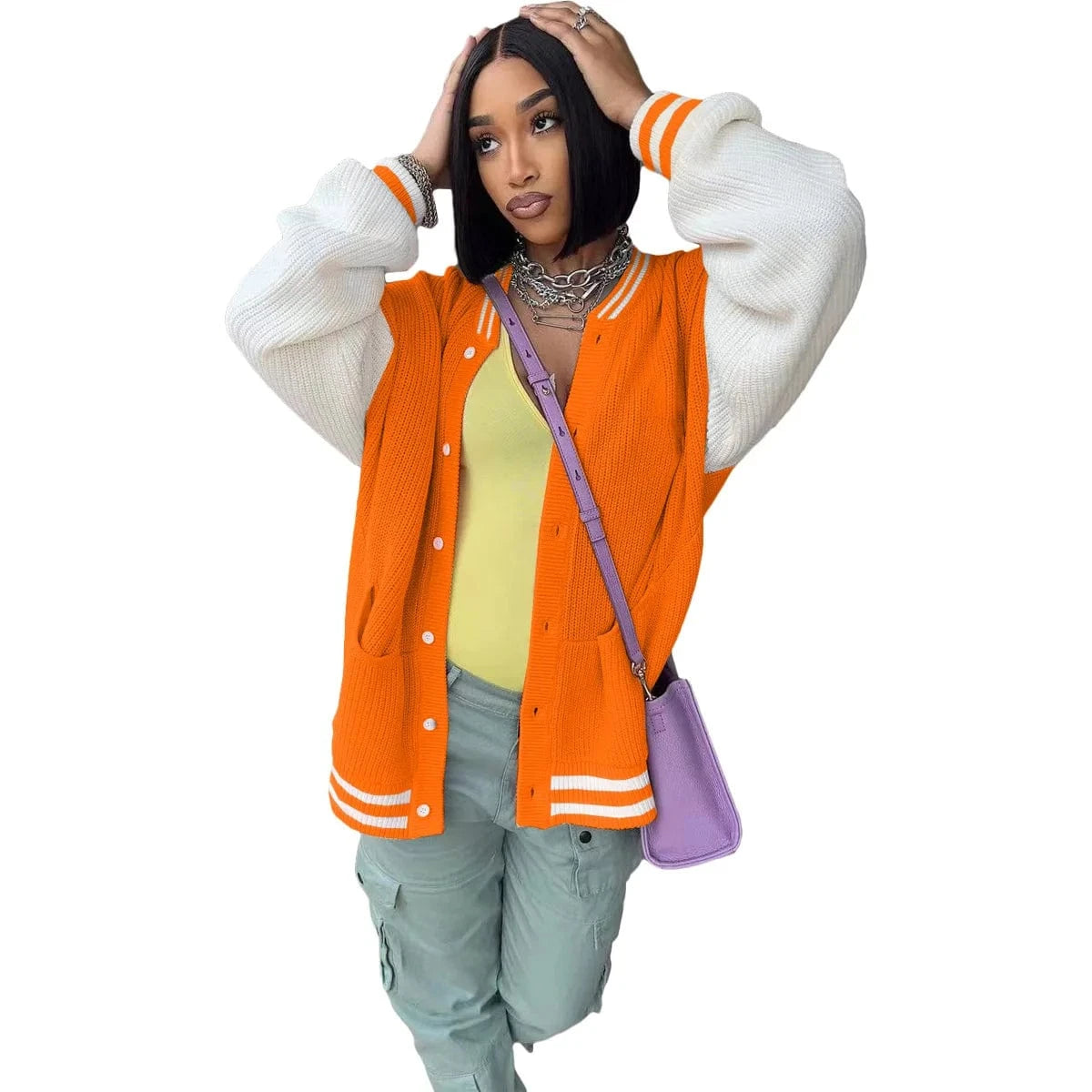 2 XL / Orange TS1276 New arrivals fall 2024 clothes fashion pockets women's jackets casual sweater winter jacket knitted baseball jackets