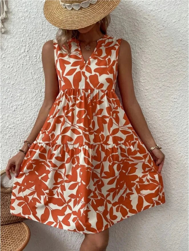 2 XL / Orange Women Summer 2023 New Arrivals Wholesale Vintage Floral Printed V Neck Lady Mini Bohemian Boho Dress