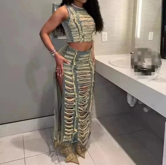 2 XL / Pictures 2024 Summer Fashion Ripped Denim 2 Piece Skirt Set Women's Denim Suit Crop Tank Top And Split Skirt Set