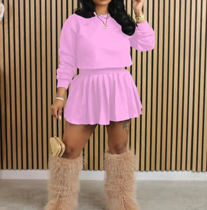 2 XL / Pink 2024 casual women 2 pieces sets long sleeve hollow crop tops and pleated skirts suits streetwear tracksuits