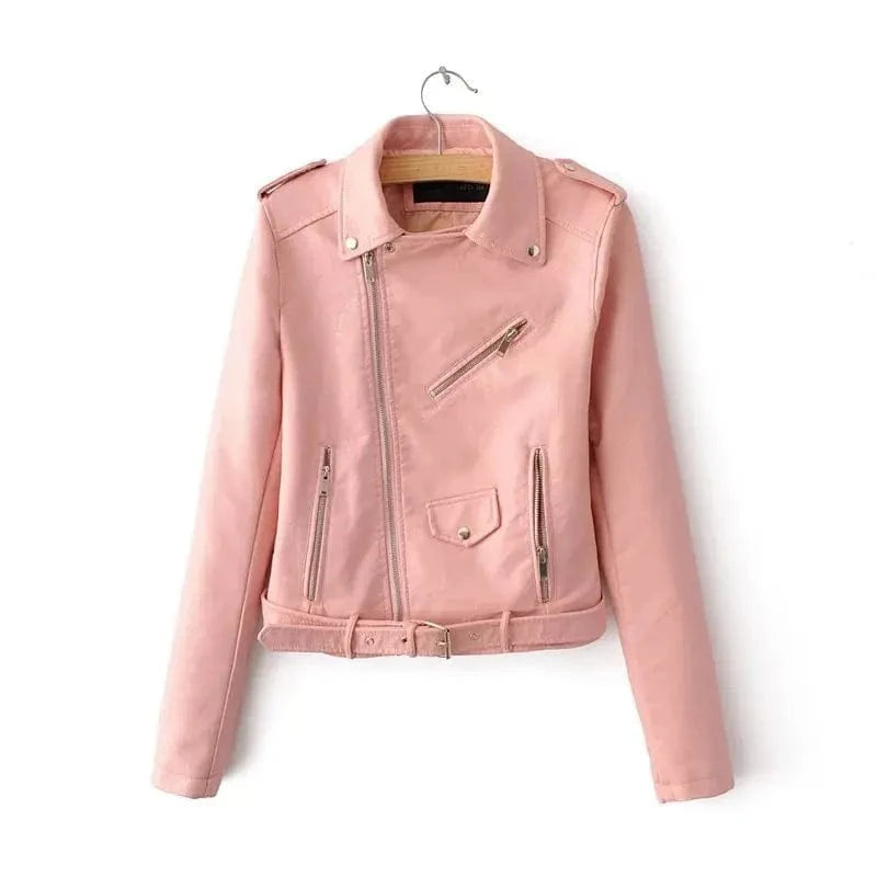 2 XL / Pink 2024 New Fall Jacket Woman Pu Coat Asymmetrical Short Motorcycle Leather Jacket Women