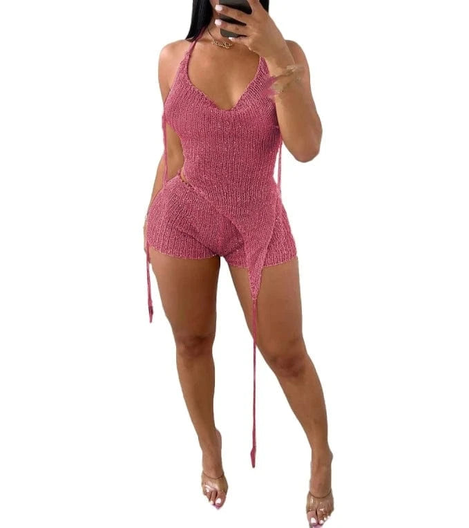 2 XL / Pink 2024 Sequins Knitted 3 Piece Set Hats + Lace Up Halter Backless Irregular Vests Top + Shorts Fashion Sexy Club Suit