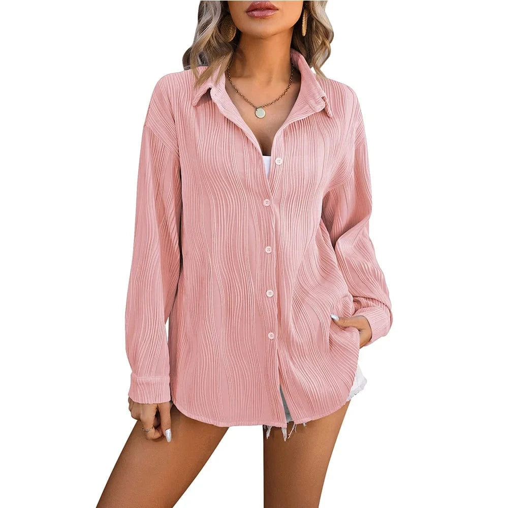 2 XL / Pink Spring Summer New Wavy Texture Loose Fashion Shirt Ladies Office Casual Lapel Long Sleeves Shirt