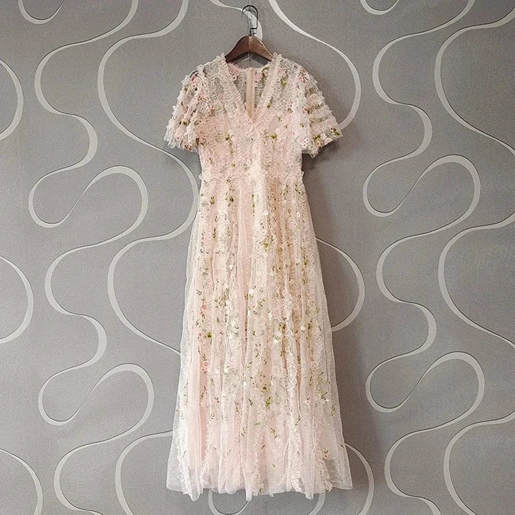 2 XL / Pink Top Quality New 2024 Spring Long Wedding Party Women Dress V-Neck Ruffle Floral Embroidery Short Sleeve Pink Apricot Maxi Dress