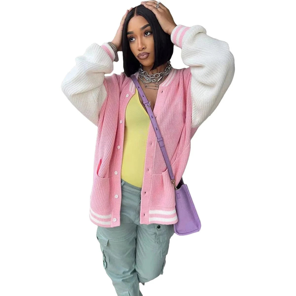 2 XL / Pink TS1276 New arrivals fall 2024 clothes fashion pockets women's jackets casual sweater winter jacket knitted baseball jackets