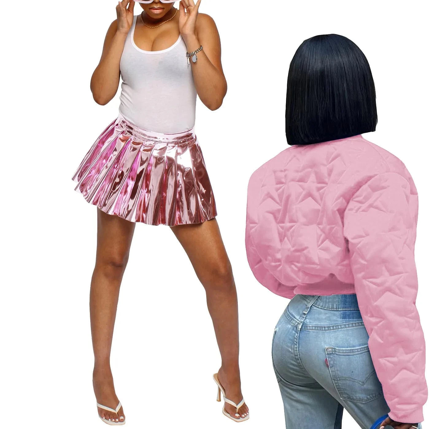 2 XL / Pink Winter Women Fashion Streetwear Puffer Jacket + Shiny Mini Pleated Skirts 2 Piece Outfits Skirt Sets