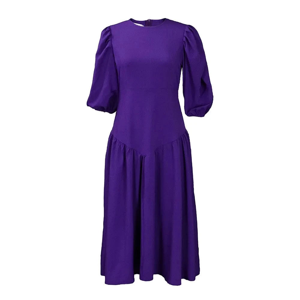 2 XL / Purple Lanxi New Model American Elegant Lady Africa Clothing Spring Long Puff Sleeve Pleat Casual Dresses Plus Size Fashion Dress Women