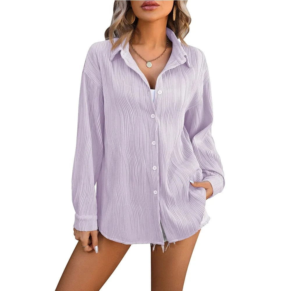 2 XL / Purple Spring Summer New Wavy Texture Loose Fashion Shirt Ladies Office Casual Lapel Long Sleeves Shirt