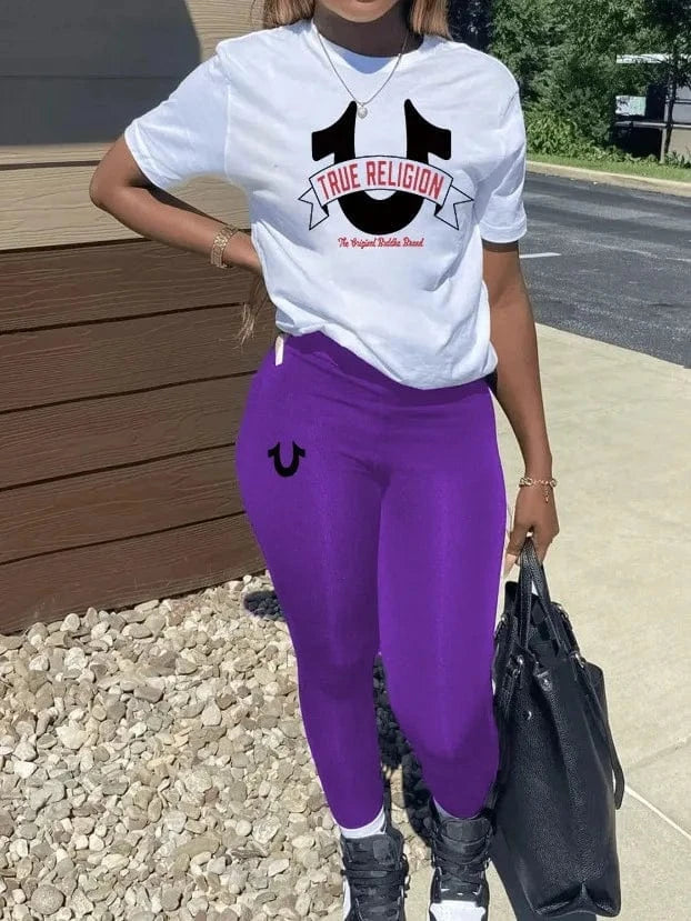 2 XL / Purple+white Z179795 2024 summer hot Casual red white ture religion Letter Print Plaid two piece short tshirt set long pants for women