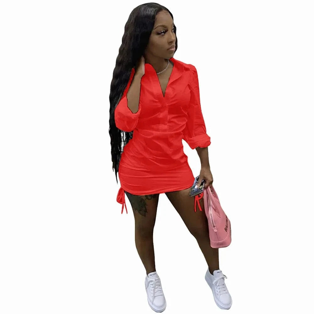 2 XL / Red 2024 Hot Sale Double Side Pleated One-Step Skirt Polo Collar Waist Single Breasted Long Sleeved Elastic Band Lace-Up Mini Dress
