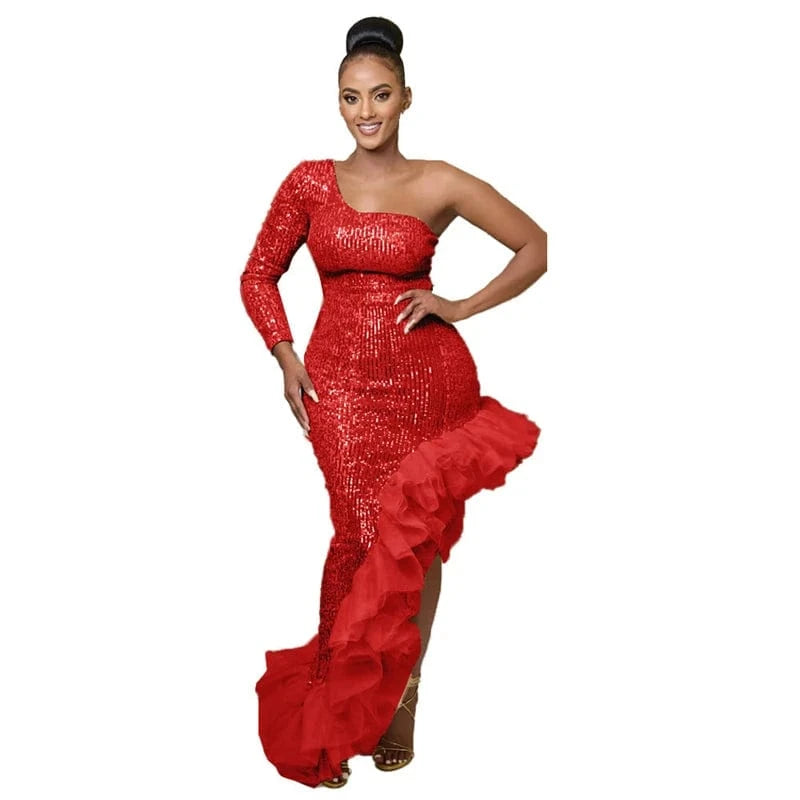 2 XL / Red 2024 new arrivals luxury one sleeve shoulder women maxi long sequin elegant msh ruffle edge party high slit prom evening dress