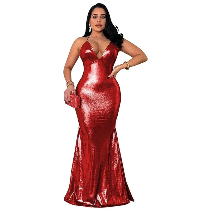 2 XL / Red 2024 summer custom women knit gold silver sexy bandage shiny metallic fabric clubwear nightclub backless maxi long evening dress