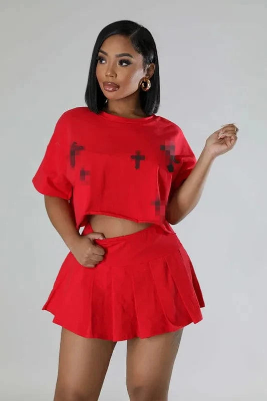 2 XL / Red 2024 summer trendy boutique S-2XL 2 piece designer pleated skirt and t shirt set for women