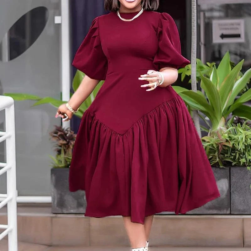 2 XL / Red Lanxi New Model American Elegant Lady Africa Clothing Spring Long Puff Sleeve Pleat Casual Dresses Plus Size Fashion Dress Women