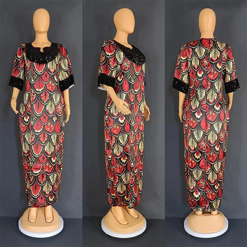 2 XL / Red Liu Ming Wholesale African Fashion 2024 Women Clothes Traditional Flower Print Slit Caftan Abaya Robe Long Dress