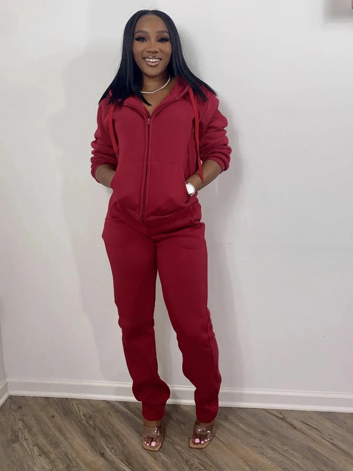 2 XL / Red Liu Ming Wholesale Fashion 2024 Trending Women New Sports Suit Hooded Loose Zipper Two Piece Office Lady Slim Pants Set