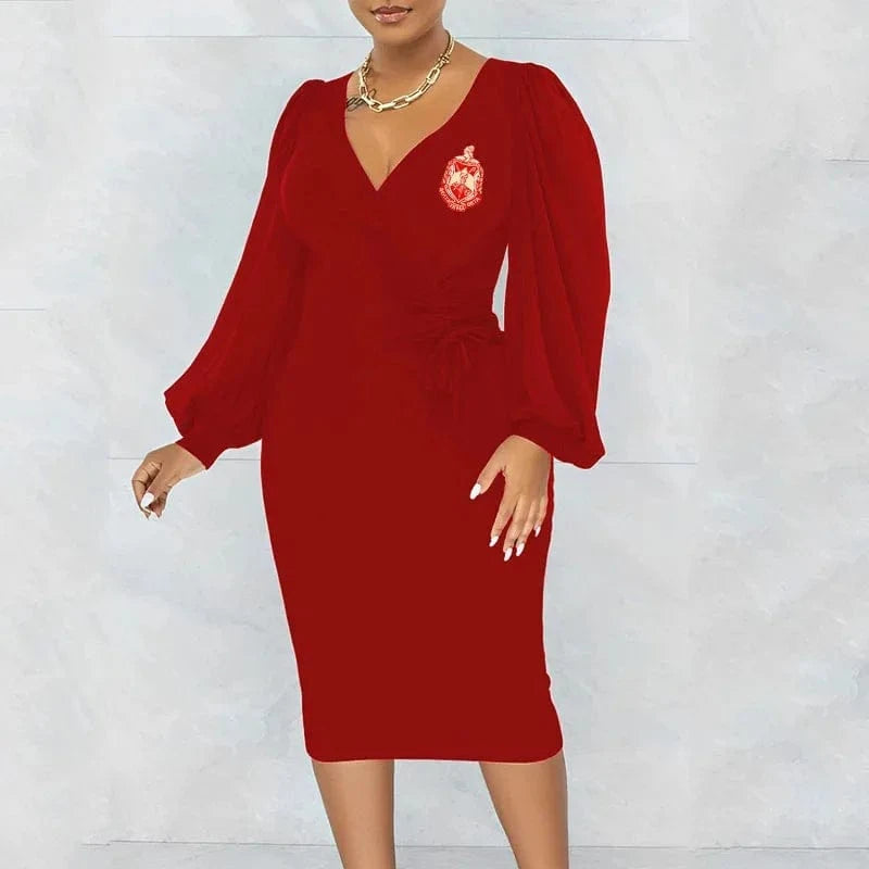 2 XL / Red SORORITY Spring Autumn Waist Midi Dress Women's V-neck Hip-hugging A-line Skirt Long Lantern Sleeves Drawstring Party Dresses