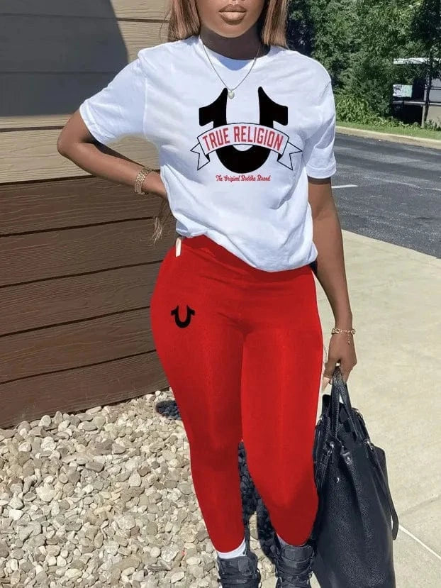 2 XL / Red+white Z179795 2024 summer hot Casual red white ture religion Letter Print Plaid two piece short tshirt set long pants for women