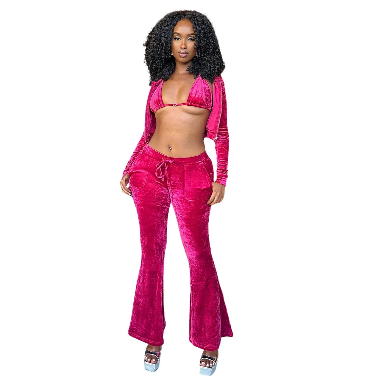 2 XL / Rose Madder Fall Winter Velvet 3 Piece Women Pants Set Sexy Club Wear Velour Zip Up Hooded Jacket Diamond Bra Bell Bottom Ladies Outfit