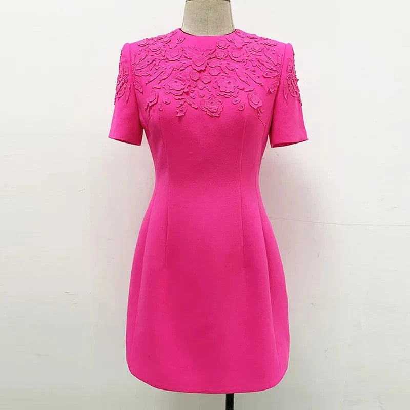 2 XL / Rose Madder Luxury Style Beads Embroidery Office Lady Casual Wear Short Sleeve O-neckline Slim Fitted Women Mini Formal Dress