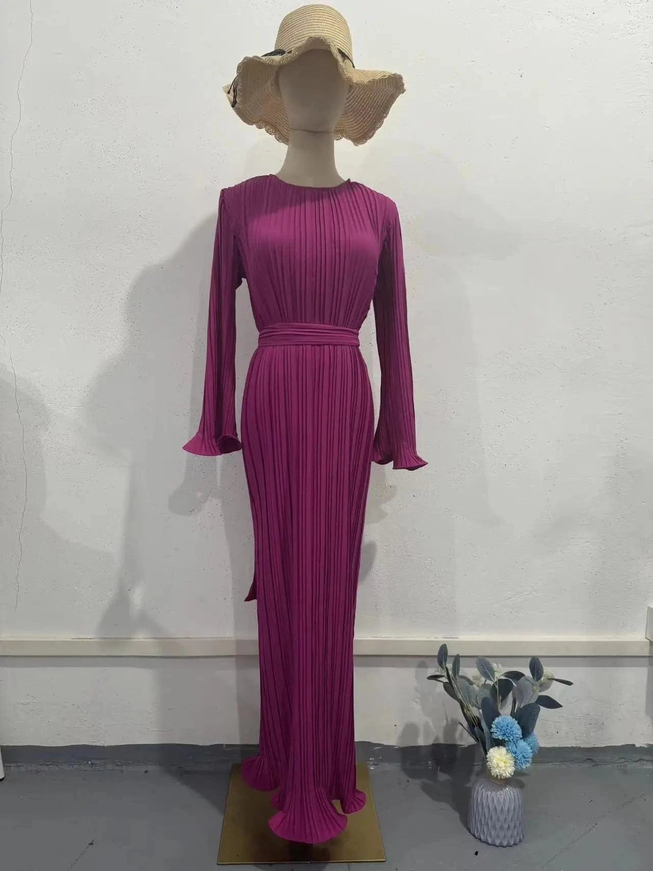 2 XL / rose red 2024 Spring Autumn Women New Fashion Long Dress Women's Casual Solid Color Round Neck Dress Trumpet Sleeve Pleated Abaya Dress