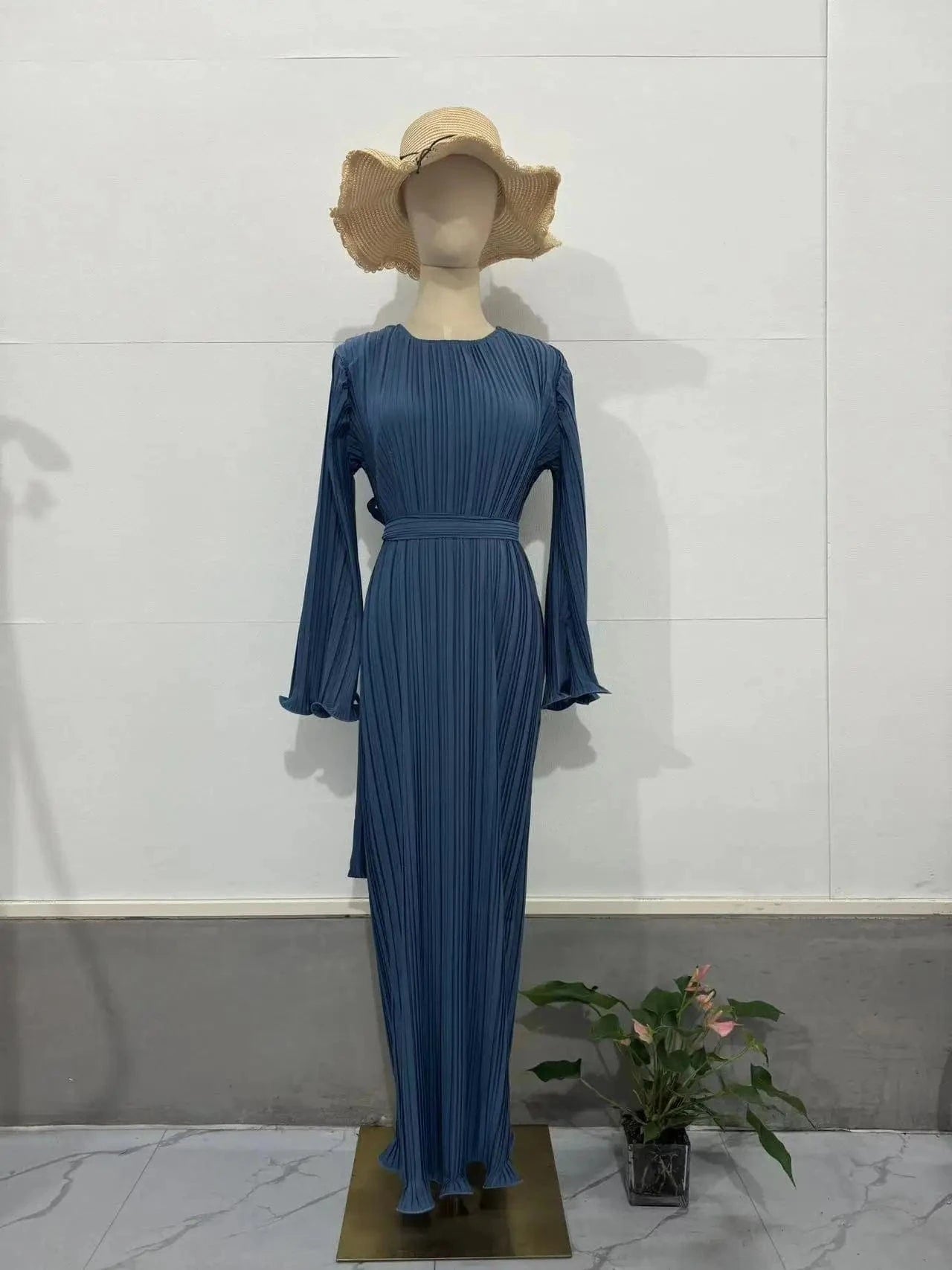 2 XL / sea blue 2024 Spring Autumn Women New Fashion Long Dress Women's Casual Solid Color Round Neck Dress Trumpet Sleeve Pleated Abaya Dress