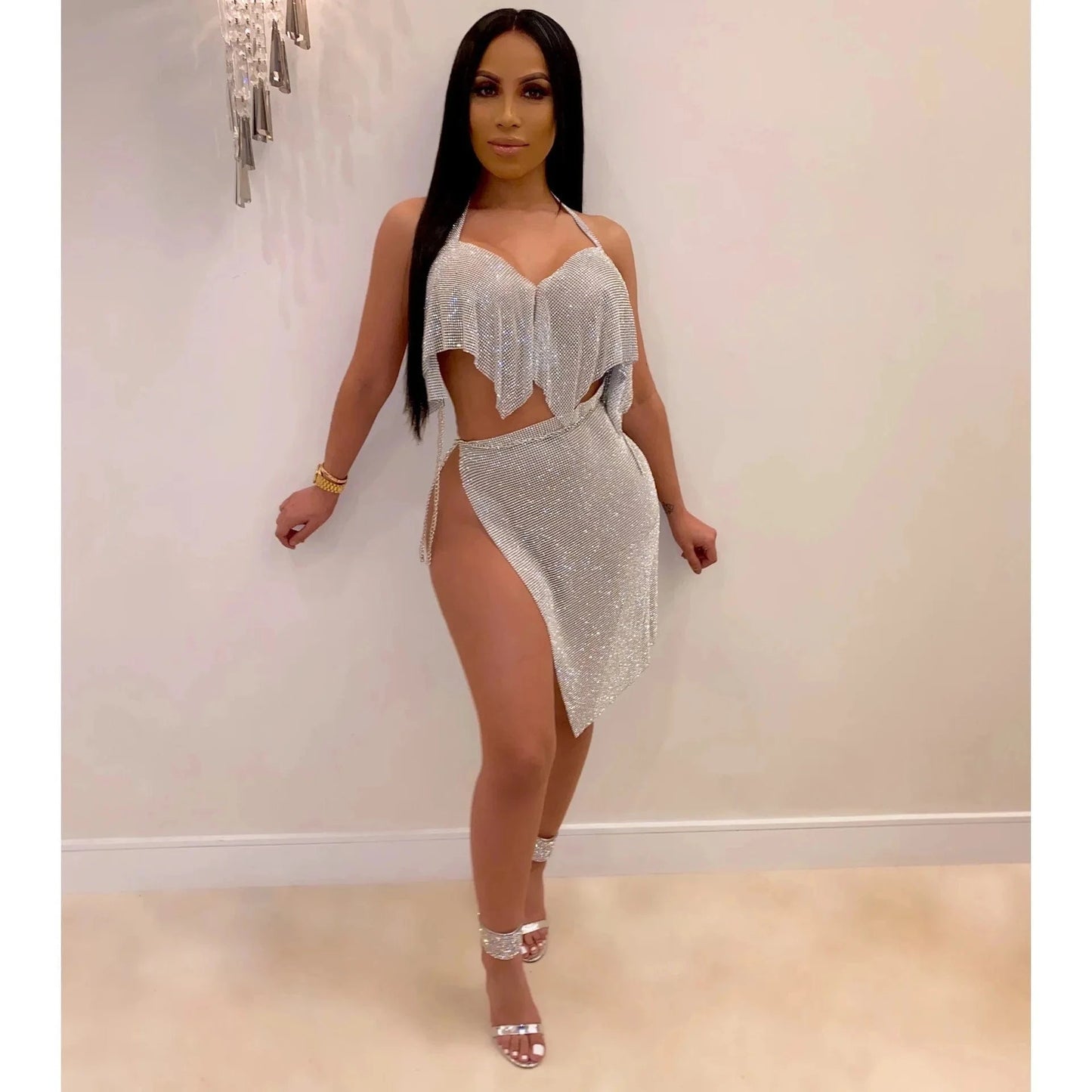 2 XL / silver Pullover halter top bright silk chain skirt party suit two-piece female casual sequined two-piece skirt