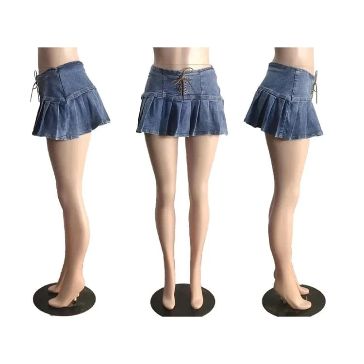 2 XL / Sky Blue Fashion Sexy Blue Denim Pleated Mini Skirts For Women 2024 Y2k Bodycon High Waist Lace Up Short Skirt