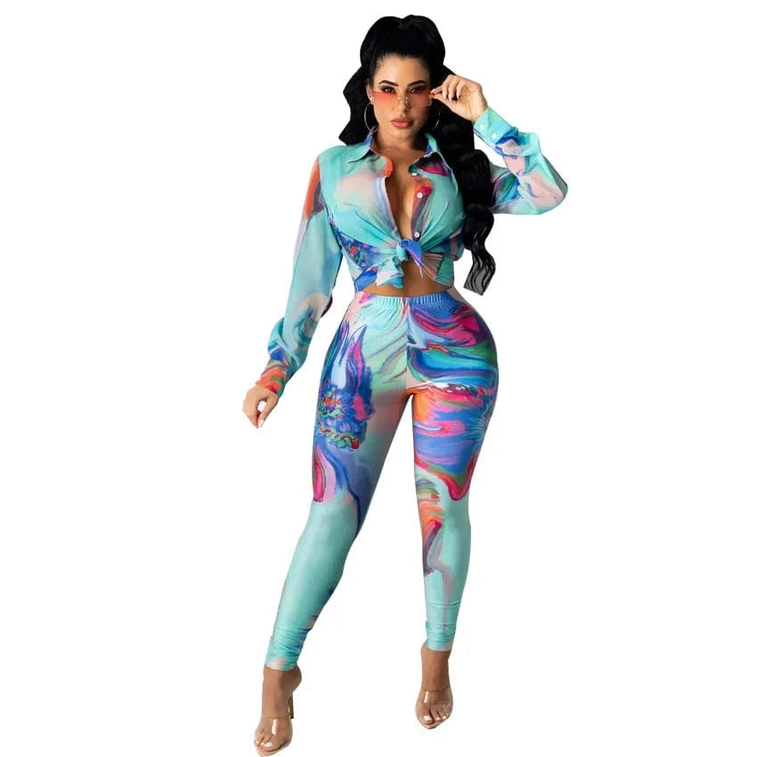 2 XL / Sky Blue Women Set Printing Shirt 2 Pieces Set Casual Long Sleeves Button Tied Outfit Sets for Fall 2022 Women Clothes