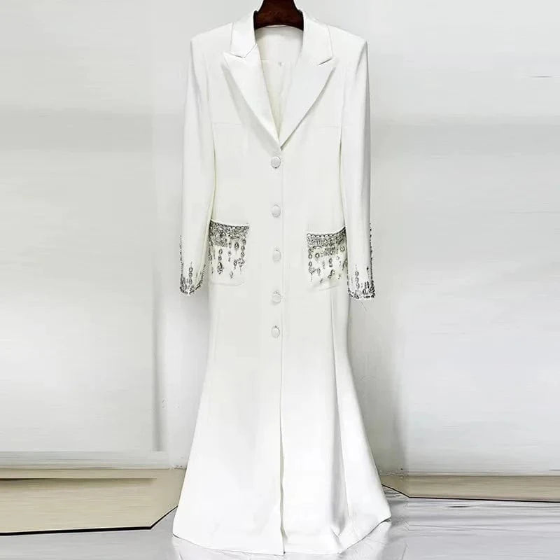 2 XL / White 2024  Fine Workmanship Rhinestone Beading Lady Party Wear Notched Long Sleeve Single-breasted Woman Maxi Black Dress