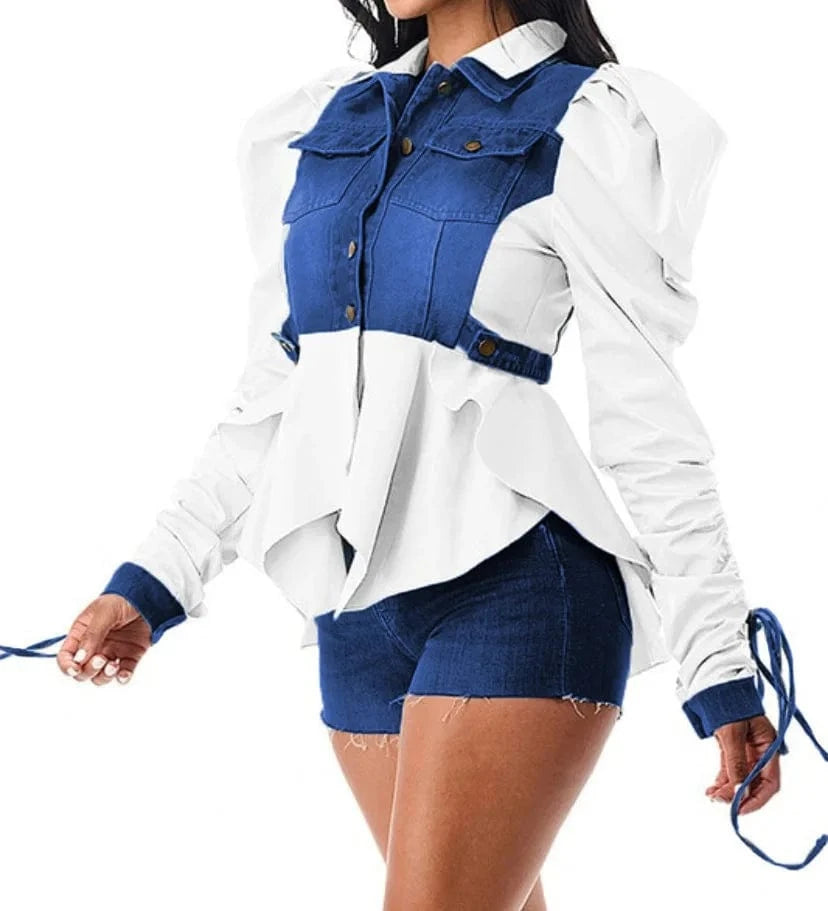 2 XL / White 2024 New Arrivals Lace Up Sleeve Tops Turndown Collar Button Blouse Irregular Patchwork Denim Tops For Ladies