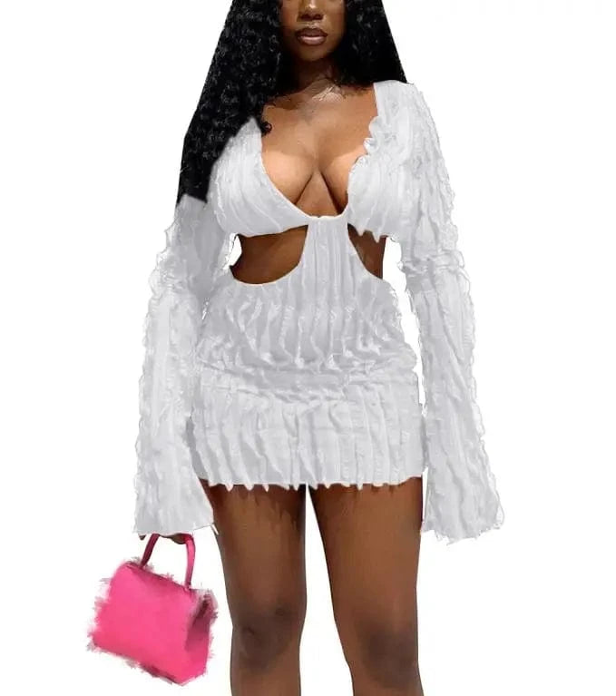 2 XL / white 2024 New Fashion Solid V Neck Long Sleeve Hollow Out Elegant Sexy Slim Mini Dress Women Party Dress