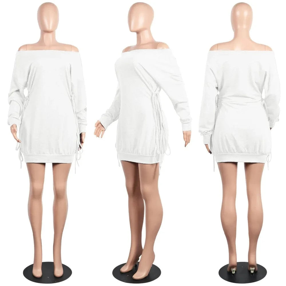2 XL / White 2024 New Spring Solid Color Bandage Casual Dress Long Sleeve Mini Dress Sexy Off Shoulder Bodycon Dresses