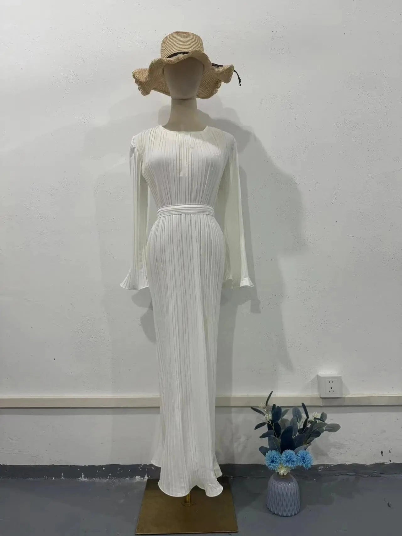 2 XL / White 2024 Spring Autumn Women New Fashion Long Dress Women's Casual Solid Color Round Neck Dress Trumpet Sleeve Pleated Abaya Dress