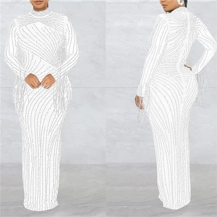 2 XL / White 2024 Summer 2 Piece Set Rhinestone Mesh High Neck Long Sleeve Tassels Bodycon Midi Maxi Long Dress For Women