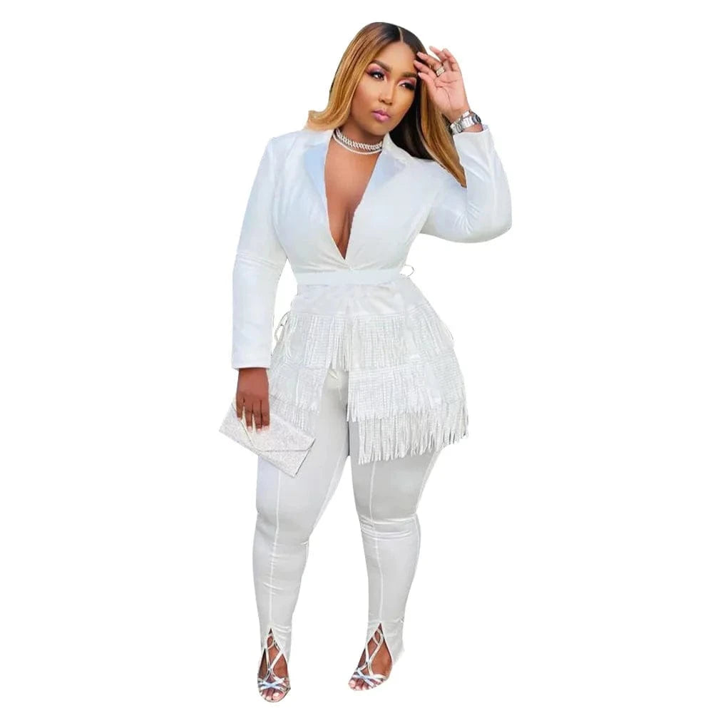 2 XL / White Autumn Outfits for Women 2022 Tassel Suits and Top Set Office Lady Casual Jogger Sets for Women Boutique Two Piece Fall Set