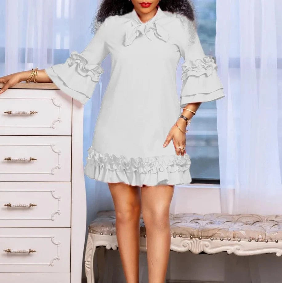 2 XL / White D3248-A1 Latest Design Women Loose Dress Lace Up Ruffle Flare Sleeves A-line Dresses Women Casual Girls Dresses