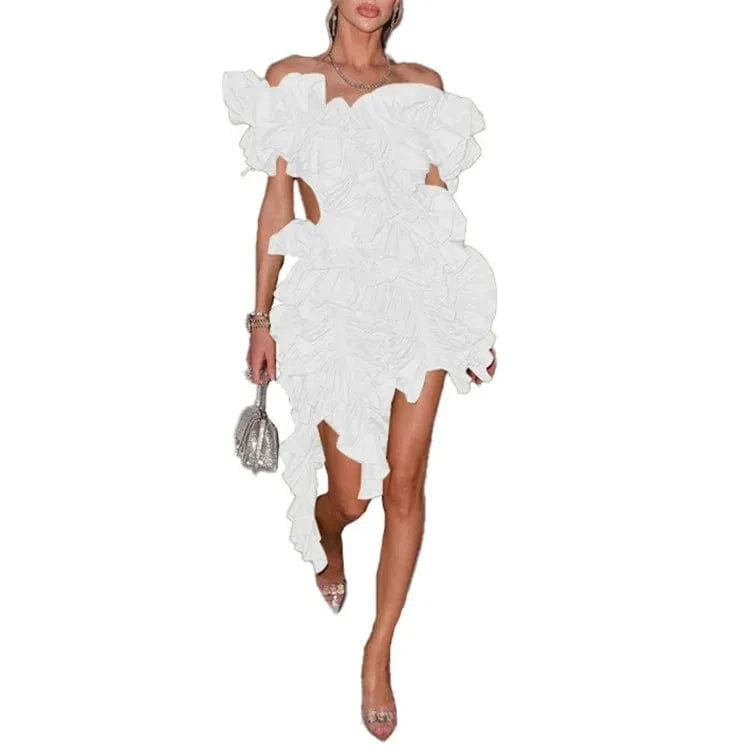 2 XL / White Ladies Spring Sleeveless Backless V-Neck Ruffle New Fashion Mini Dresses For Women Asymmetrical Ball Gown Evening Party Clubwear